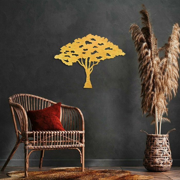Настенный декор ручной работы Дерево 46х105 из металла золотого цвета - лучшие Декор стен в INMYROOM
