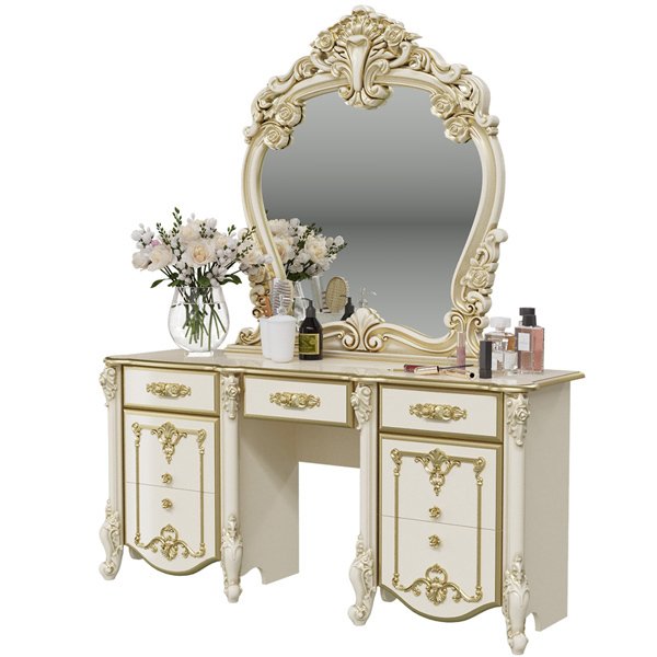 Стол туалетный с зеркалом Дольче Вита цвета слоновой кости с золотом