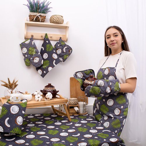 Набор для кухни 5 предметов 'Радушная хозяйка' (рукавичка, прихватка, декор.полотенце 2 шт, фартук) 'Кокосы серый' - лучшие Аксессуары для кухни в INMYROOM Набор для кухни 5 предметов 'Радушная хозяйка' (рукавичка, прихватка, декор.полотенце 2 шт, фартук) 'Кокосы серый' - лучшие Аксессуары для кухни в INMYROOM