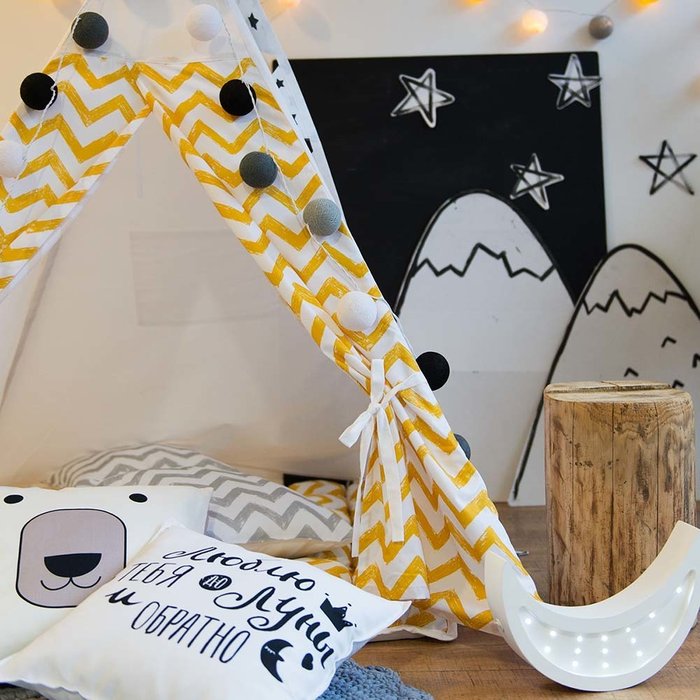 Вигвам для детей Yellow Zigzag из 100% хлопка - купить Игровые домики в детскую по цене 4990 Вигвам для детей Yellow Zigzag из 100% хлопка - купить Игровые домики в детскую по цене 4990
