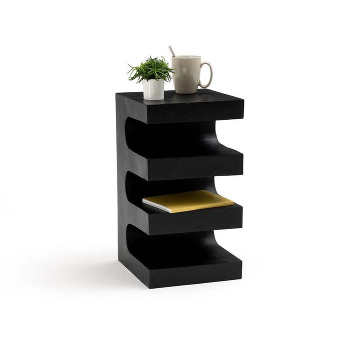 Столик прикроватный многофункциональный из массива дерева суар Solidus черного цвета Столик прикроватный многофункциональный из массива дерева суар Solidus черного цвета