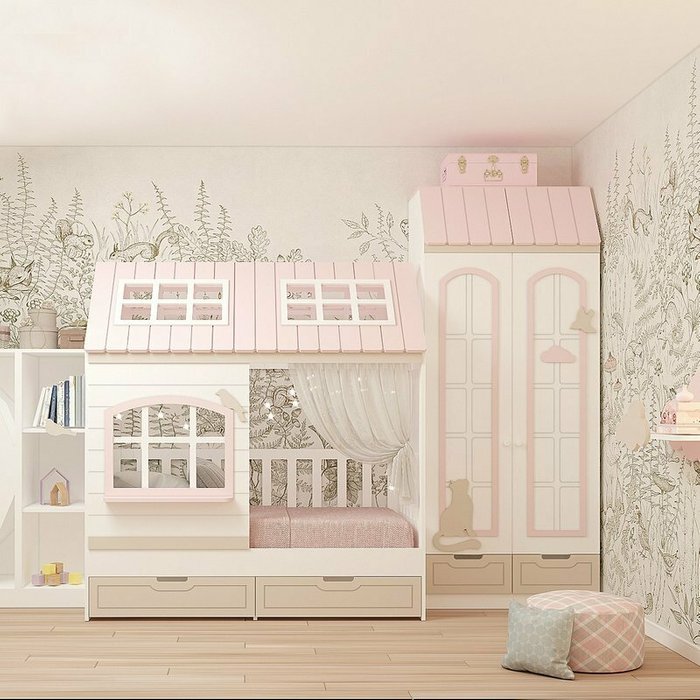 Кровать Кошкин дом 90х180 бело-розового цвета с лестницей слева - купить Двухъярусные кроватки по цене 384300.0
