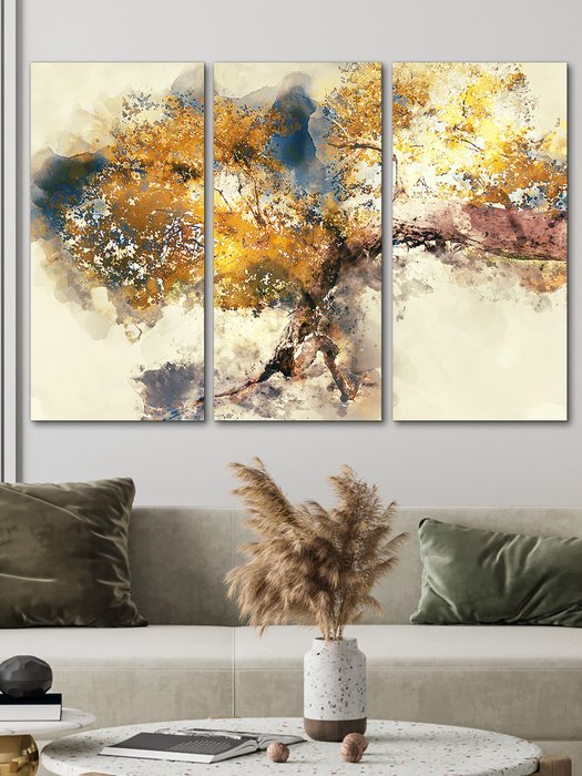 Модульная картина из трех частей Золотое дерево 100х150 на холсте - лучшие Картины в INMYROOM