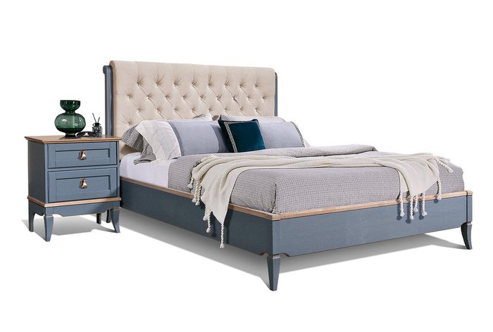 Кровать Стюарт 160х200 серо-синего цвета с бежевым изголовьем