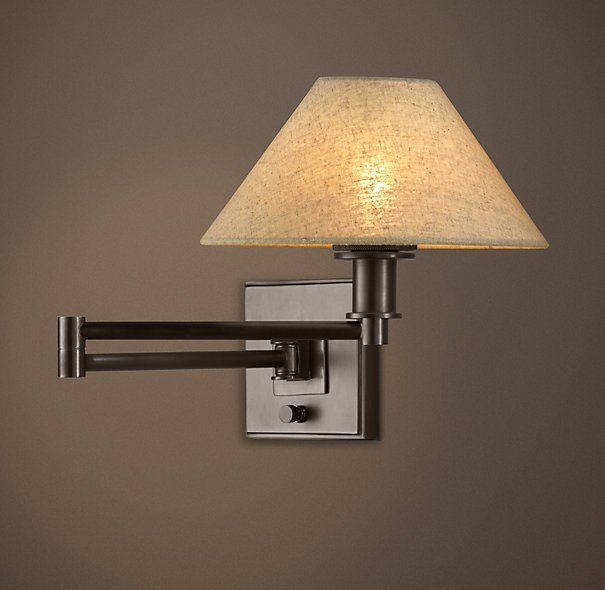 Бра Petite candlestick swing-arm sconce bronze с льняным абажуром - купить Бра и настенные светильники по цене 22930