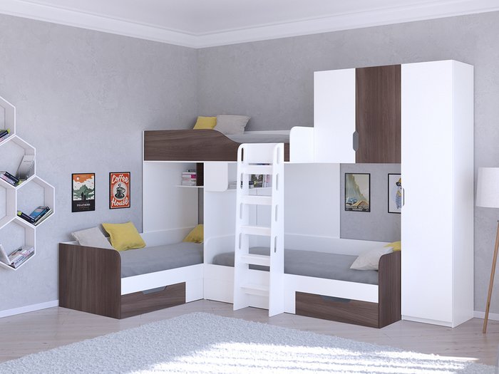 Двухъярусная кровать Трио 2 80х190 цвета Дуб шамони-белый - купить Двухъярусные кроватки по цене 45400.0