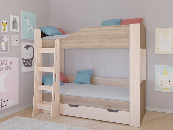 Двухъярусная кровать Астра-2 80х190 цвета Дуб молочный-Дуб сонома - купить Двухъярусные кроватки по цене 23100.0