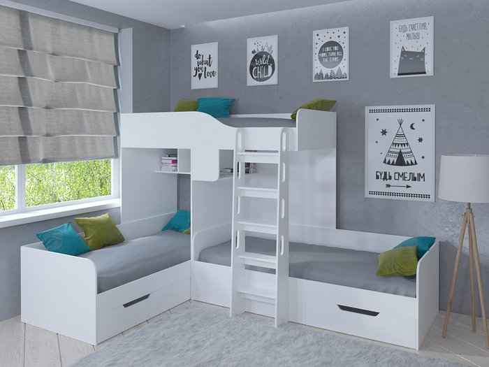 Двухъярусная кровать Трио 80х190 белого цвета - купить Двухъярусные кроватки по цене 32400.0