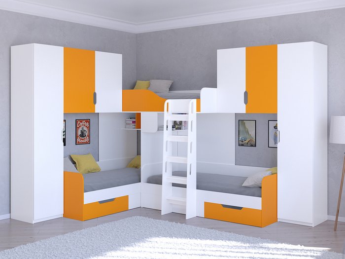 Двухъярусная кровать Трио 3 80х190 бело-оранжевого цвета - купить Двухъярусные кроватки по цене 58400.0