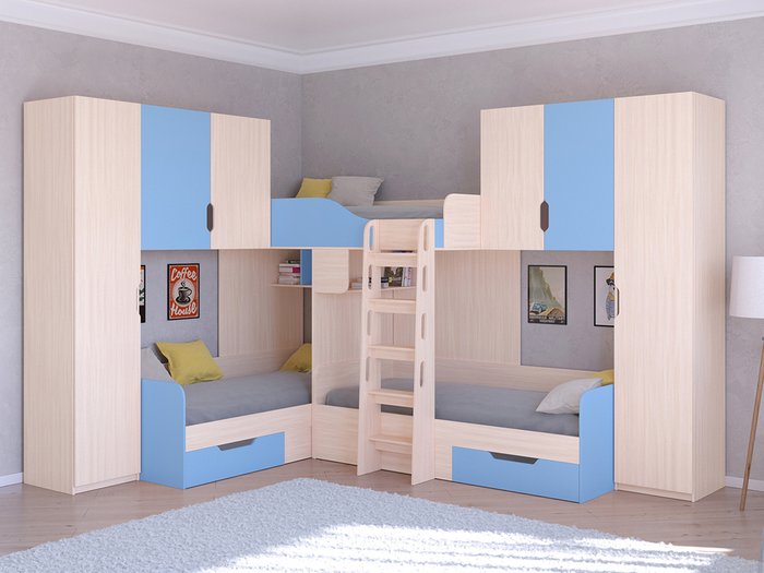Двухъярусная кровать Трио 3 80х190 цвета Дуб молочный-голубой - купить Двухъярусные кроватки по цене 58400.0