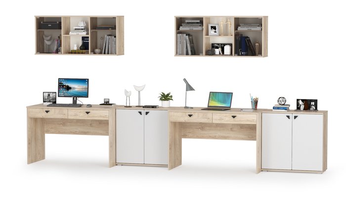 Два компьютерных стола с навесными шкафами и комодами Бостон бежевого цвета - купить Письменные столы по цене 43292.0