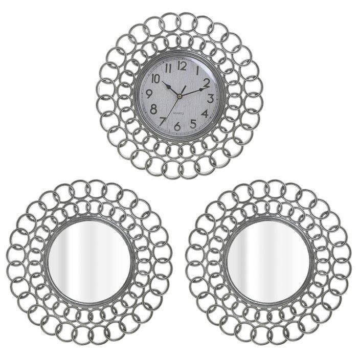 Набор из настенных часов с двумя зеркалами серебряного цвета