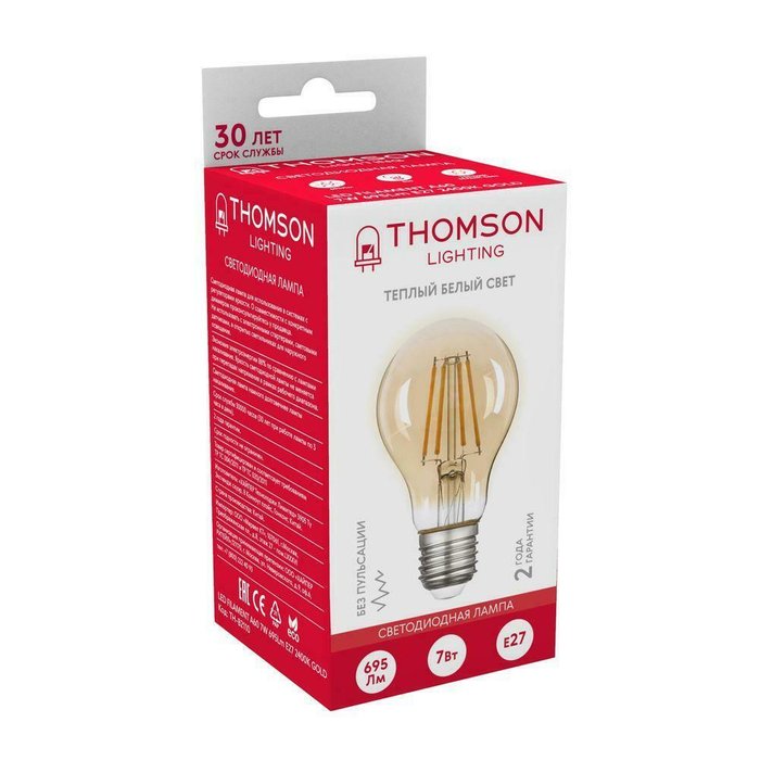 Лампа светодиодная филаментная Thomson E27 7W 2400K груша прозрачная TH-B2110 - купить Лампочки по цене 297.0