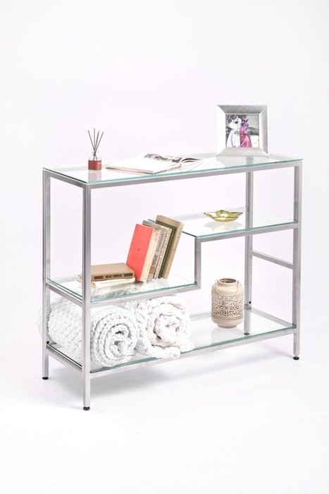 Консольный стол L серебряного цвета со стеклянной столешницей - купить Консольные столы по цене 23805.0