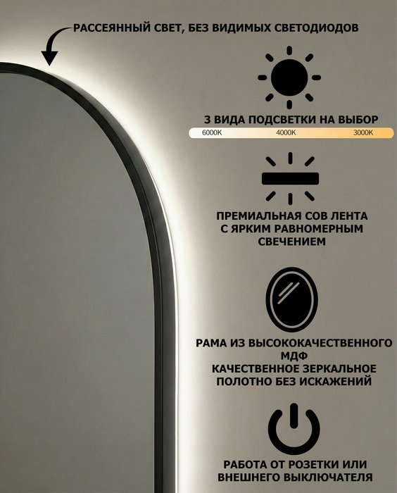 Настенное зеркало Фантазия XL LED в раме черного цвета с подсветкой - лучшие Настенные зеркала в INMYROOM