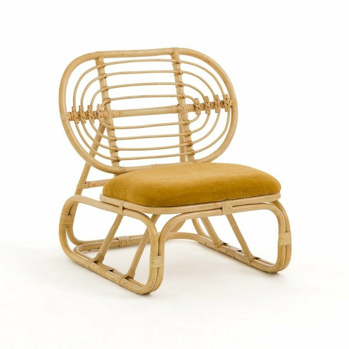 Кресло из стеблей ротанга и велюра Dhony жжелтого цвета