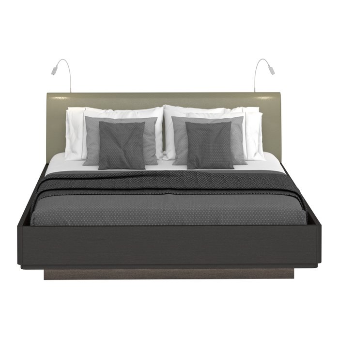 Кровать Элеонора 140х200 с изголовьем серо-бежевого цвета и двумя светильниками 