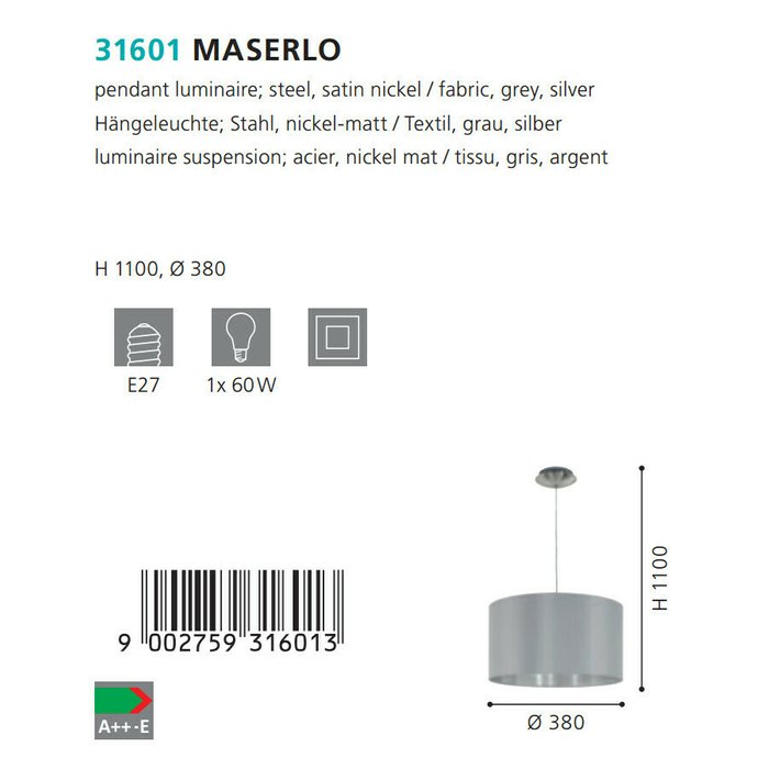 Подвесной светильник Maserlo серо-серебряного цвета - лучшие Подвесные светильники в INMYROOM