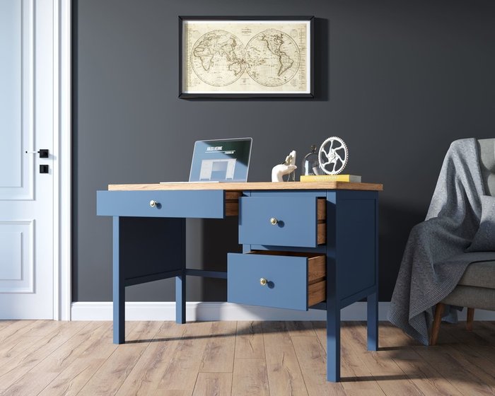 Рабочий стол Jules Verne с широкой тумбой синего цвета - лучшие Письменные столы в INMYROOM