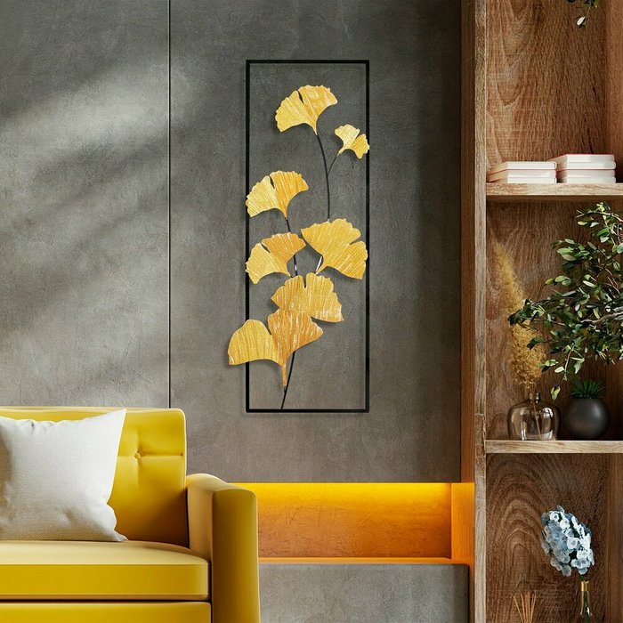 Настенный декор ручной работы Листья 32х90 из металла желтого цвета - лучшие Декор стен в INMYROOM
