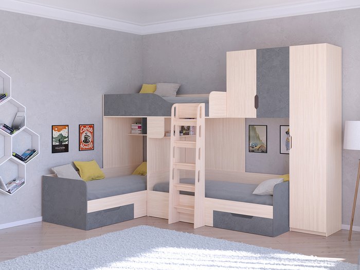 Двухъярусная кровать Трио 2 80х190 цвета Дуб молочный-Железный камень - купить Двухъярусные кроватки по цене 45400.0