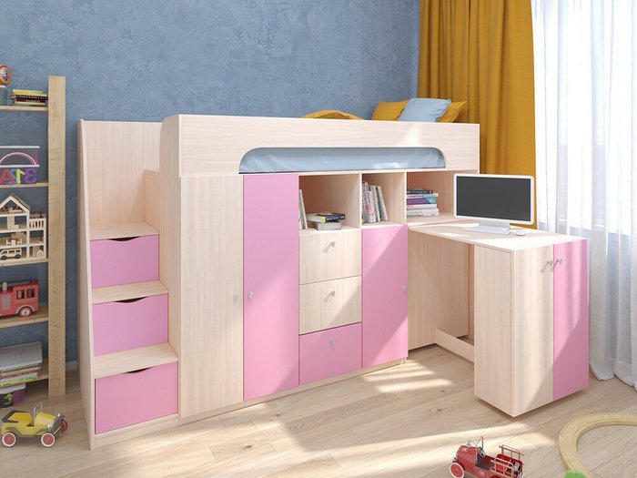 Кровать-чердак Астра 11 80х190 цвета Дуб молочный-розовый - купить Кровати-чердаки по цене 31000.0