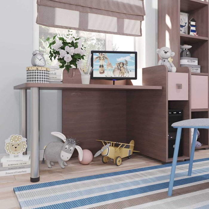 Детский компьютерный стол Тиана коричневого цвета с розовым ящиком - купить Письменные столы по цене 39070.0