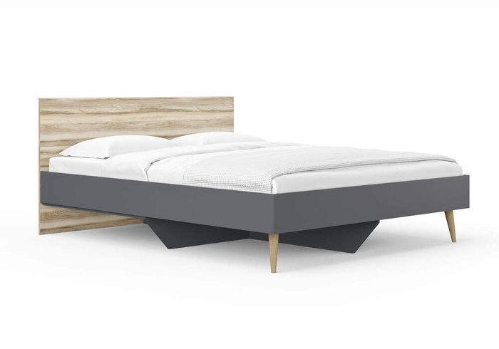 Кровать Ines 160х200 серого цвета с изголовьем цвета ясень ориноко