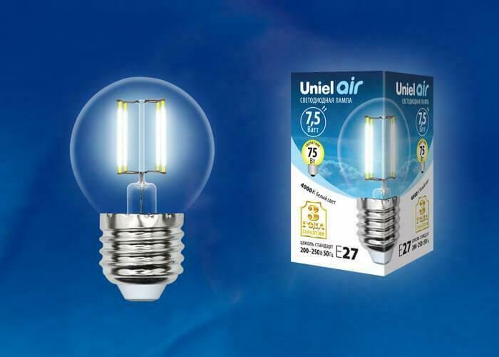 Лампа светодиодная филаментная (UL-00003255) Uniel E27 7,5W 4000K прозрачная LED-G45-7,5W/NW/E27/CL GLA01TR - купить Лампочки по цене 147.0