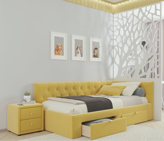Кровать Afelia 90х200 желтого цвета с двумя ящиками и ортопедическим основанием - купить Кровати для спальни по цене 30000.0