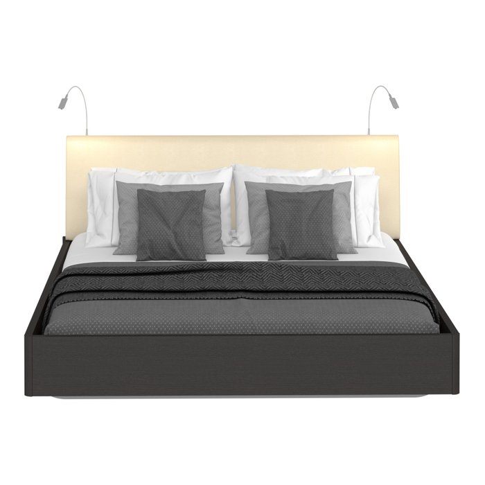 Кровать Элеонора 180х200 с изголовьем бежевого цвета и двумя светильниками 