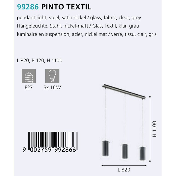 Люстра подвесная Pinto Textil серого цвета - купить Подвесные люстры по цене 19790.0