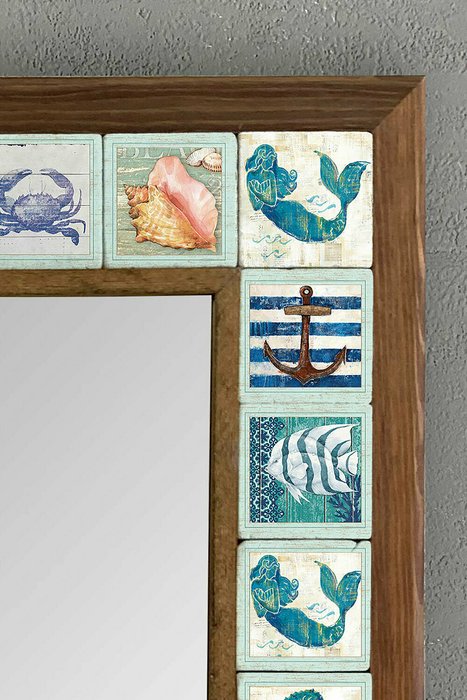 Настенное зеркало 43x43 с каменной мозаикой бело-голубого цвета - купить Настенные зеркала по цене 16871.0