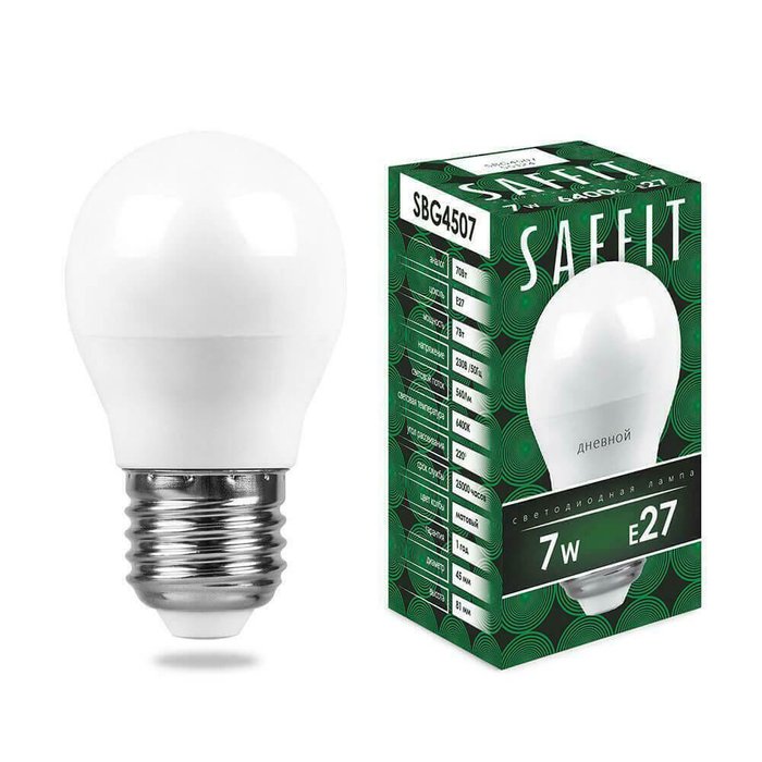 Лампа светодиодная Saffit E27 7W 6400K Шар Матовая SBG4507 55124 Лампа светодиодная Saffit E27 7W 6400K Шар Матовая SBG4507 55124