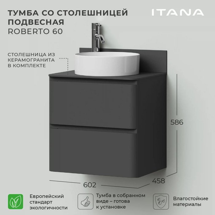Тумба подвесная с раковиной Roberto 60 графитового цвета - лучшие Тумбы под раковину в INMYROOM