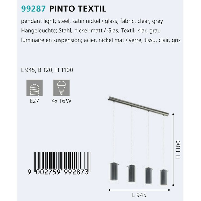 Подвесная люстра Pinto Textil цвета никель - купить Подвесные люстры по цене 29590.0