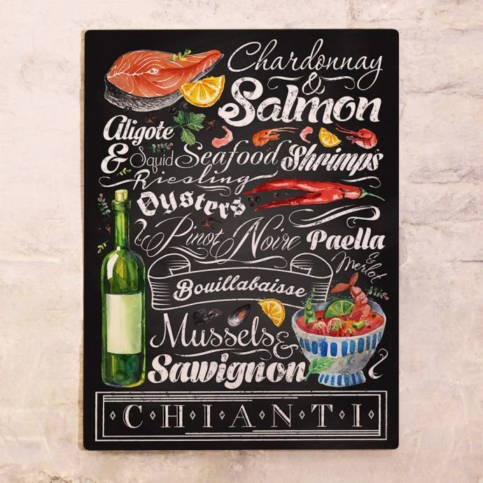 Металлический плакат Вино и морепродукты