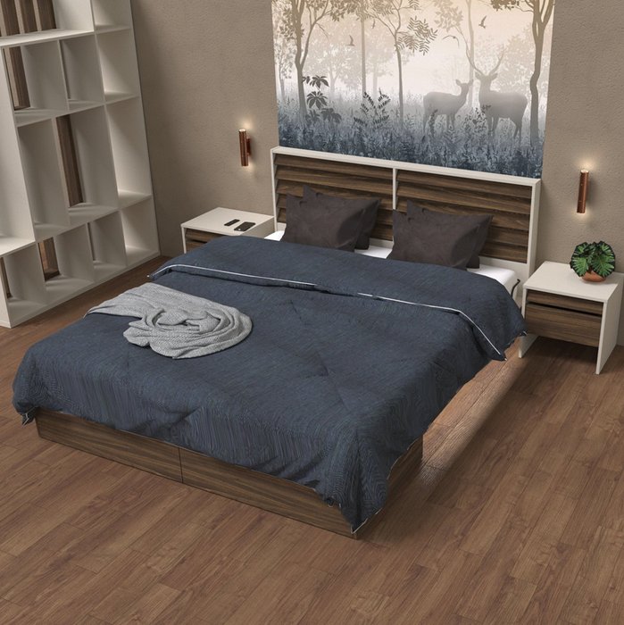 Кровать Заря 160х200 бежево-коричневого цвета с ящиками и подсветкой без подъемного механизма - лучшие Кровати для спальни в INMYROOM