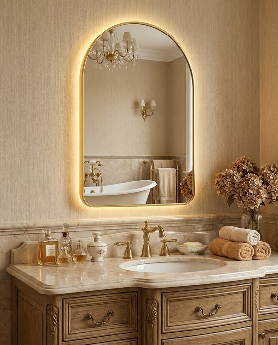 Настенное зеркало Arch M в раме золотого цвета с подсветкой - купить Настенные зеркала по цене 29900