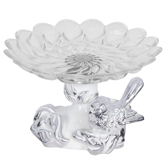Фруктовница Белла бело-серебряного цвета со стеклянной чашей Лепестки