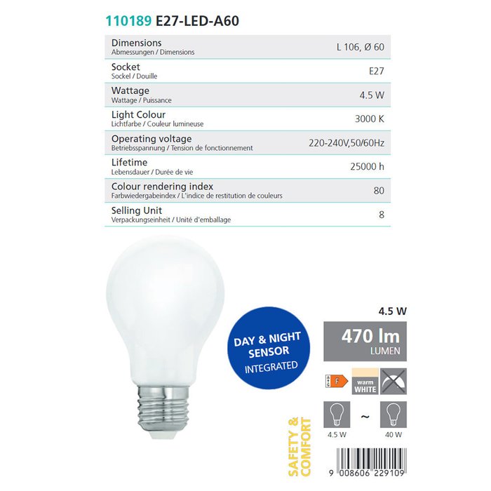 Светодиодная лампа 220-240V E27 4.5W 470Lm 3000K белого цвета - купить Лампочки по цене 990.0