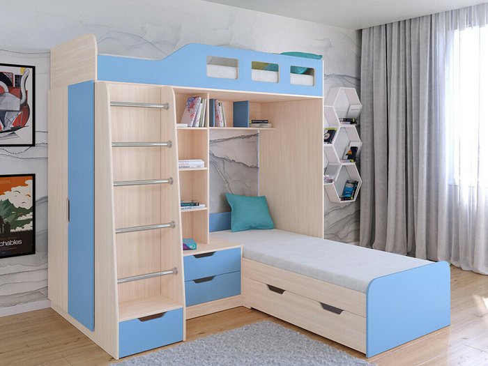 Двухъярусная кровать Астра 4 80х195 цвета Дуб молочный-голубой - купить Двухъярусные кроватки по цене 34900.0