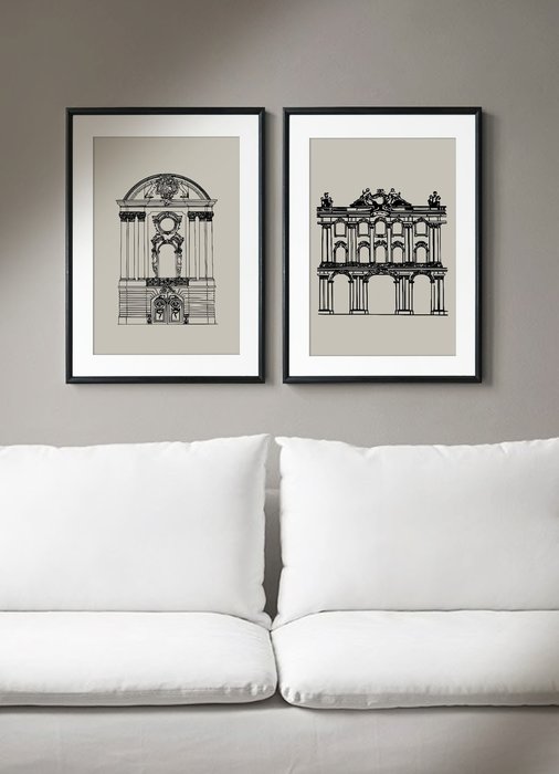 Набор из двух постеров Зимний дворец и Строгановский дворец в рамках черного цвета  - купить Принты по цене 18200.0