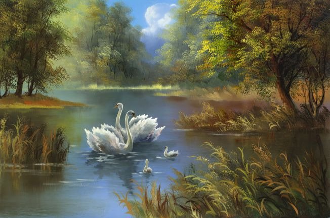 Декоративная картина на холсте "Лебеди в пруду"
