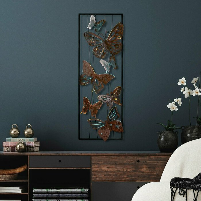 Настенный декор ручной работы Бабочки 32х90 из металла черно-коричневого цвета - лучшие Декор стен в INMYROOM