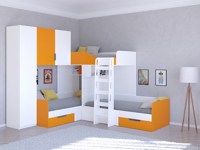 Двухъярусная кровать Трио 1 80х190 бело-оранжевого цвета - купить Двухъярусные кроватки по цене 45400.0