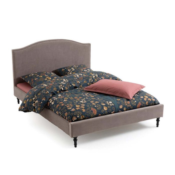 Кровать из велюра с отделкой заклепками с кроватным основанием Andante 160х200 серого цвета