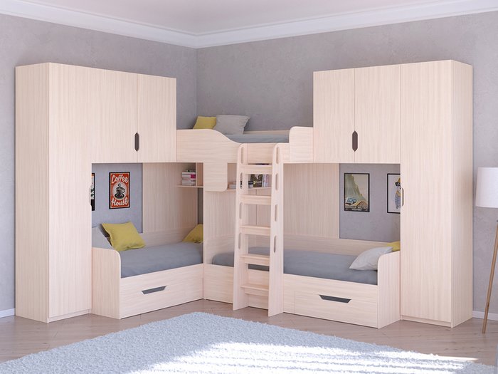 Двухъярусная кровать Трио 3 80х190 цвета Дуб молочный - купить Двухъярусные кроватки по цене 58400.0