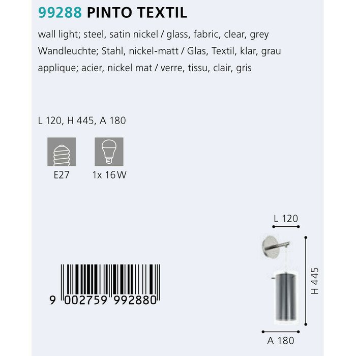 Бра Eglo Pinto Textil 99288 - купить Бра и настенные светильники по цене 6390.0