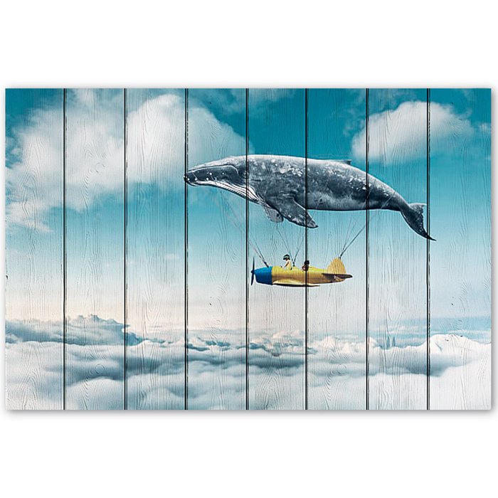 Картина на дереве Летающий кит 40х60 см
